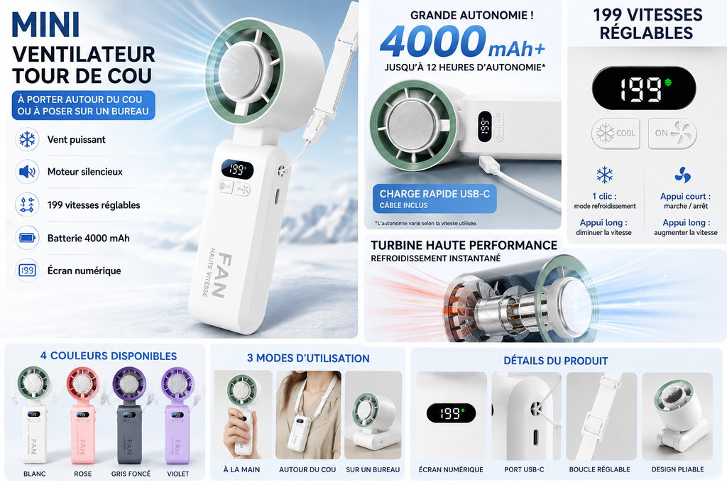 Mini Ventilateur Rose Portable Rechargeable 4000mAh, Écran LED, 199 Vitesses Réglables, Ventilateur USB-C Silencieux, Refroidissement Rapide, Ventilateur de Poche pour Voyage, Bureau, Sport et Camping