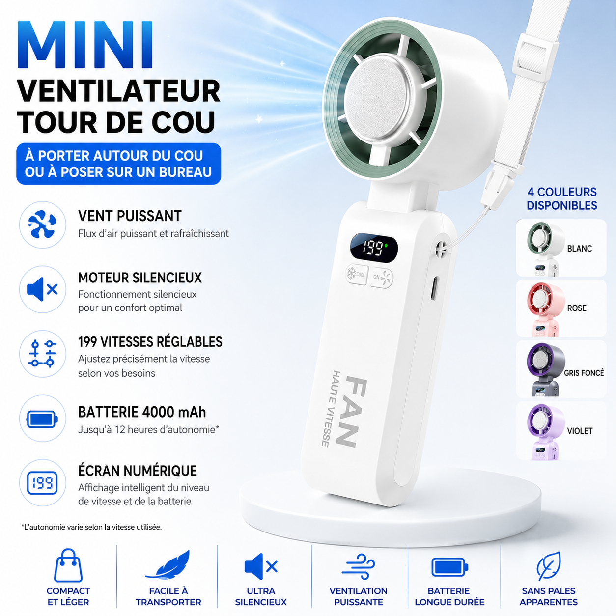 Mini Ventilateur Blanc - Portable Rechargeable 4000mAh, Écran LED, 199 Vitesses Réglables, Ventilateur USB-C Silencieux, Refroidissement Rapide, Ventilateur de Poche pour Voyage, Bureau, Sport et Camping (Copie) (Copie)