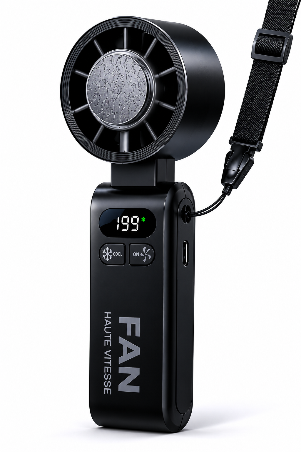 Mini Ventilateur noir Portable Rechargeable 4000mAh, Écran LED, 199 Vitesses Réglables, Ventilateur USB-C Silencieux, Refroidissement Rapide, Ventilateur de Poche pour Voyage, Bureau, Sport et Camping